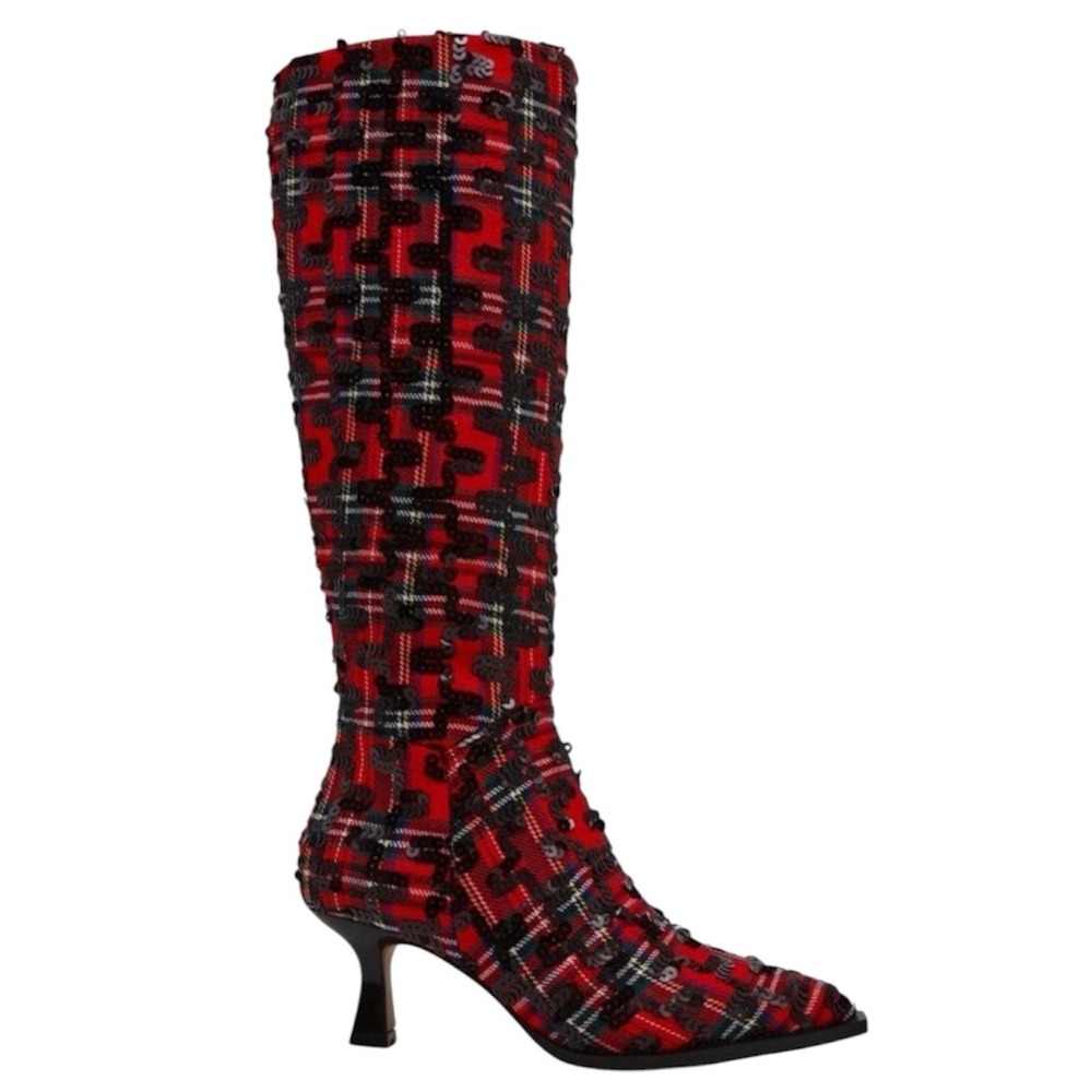 Betsey Johnson Women's Pamella Red/Black Plaid Sequin Knee High Boots Size 7.5